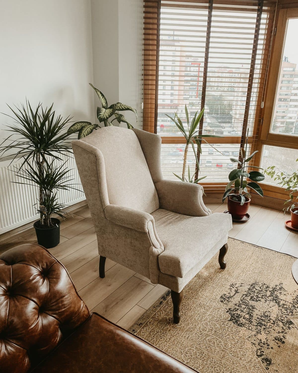 A quiet consultation room with an armchair beside a large window
